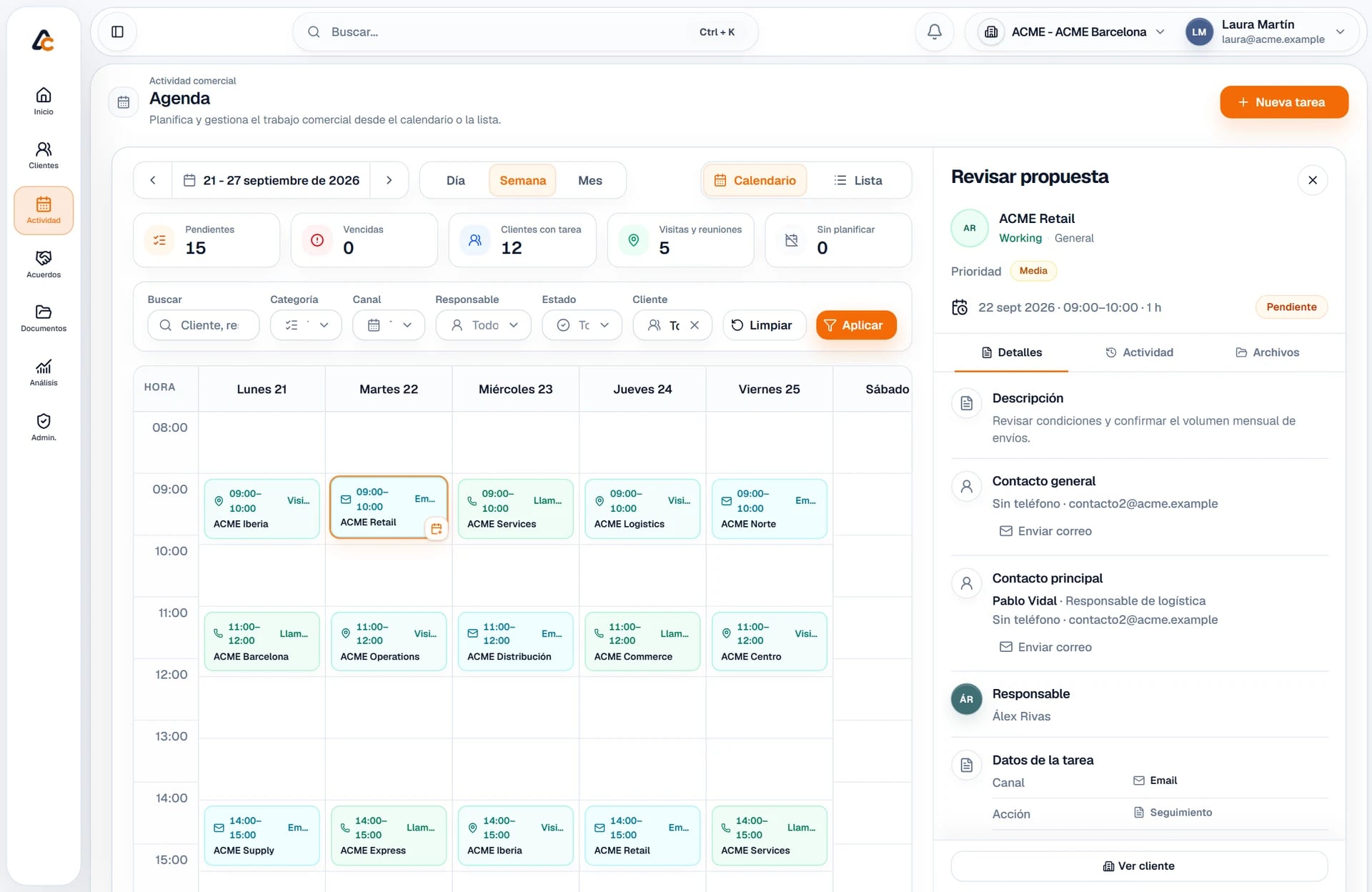 Agenda semanal de AutoCRM con visitas, llamadas y seguimientos de empresas ficticias ACME.