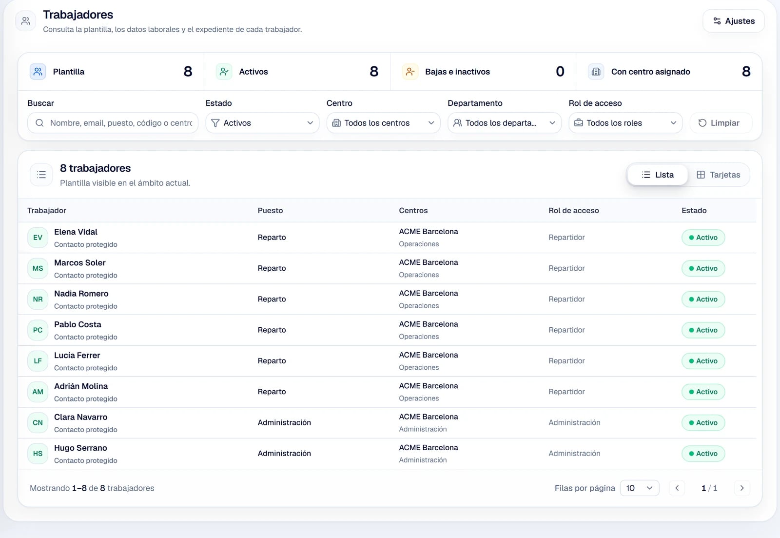 Gestión de trabajadores de ACME Logistics con nombres ficticios, centros, departamentos y roles.
